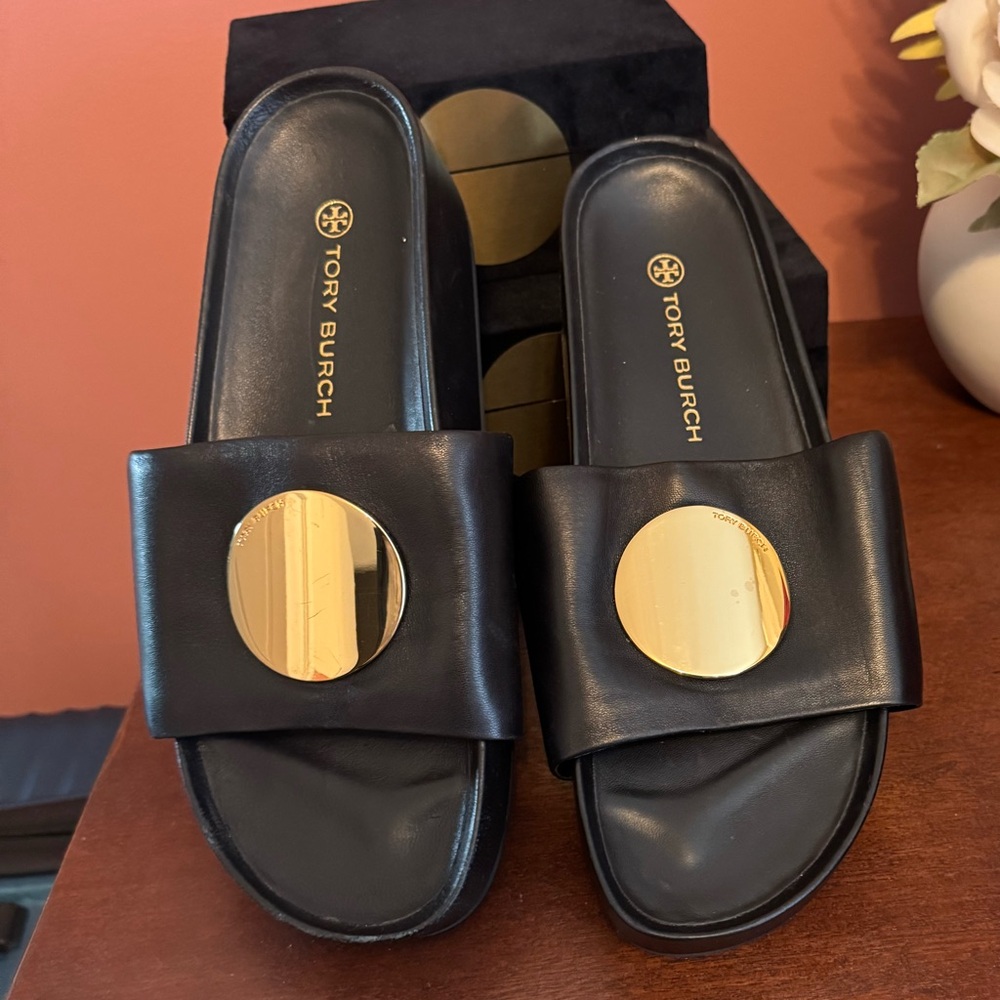 Tory Burch Patos Black Slides with Gold Accent